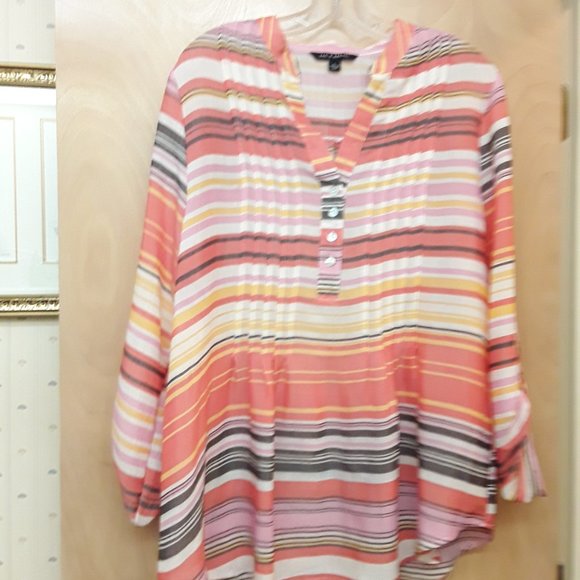 Zac and Rachel Orange Pink Striped Pintuck Henley Tunic L - Picture 7 of 8